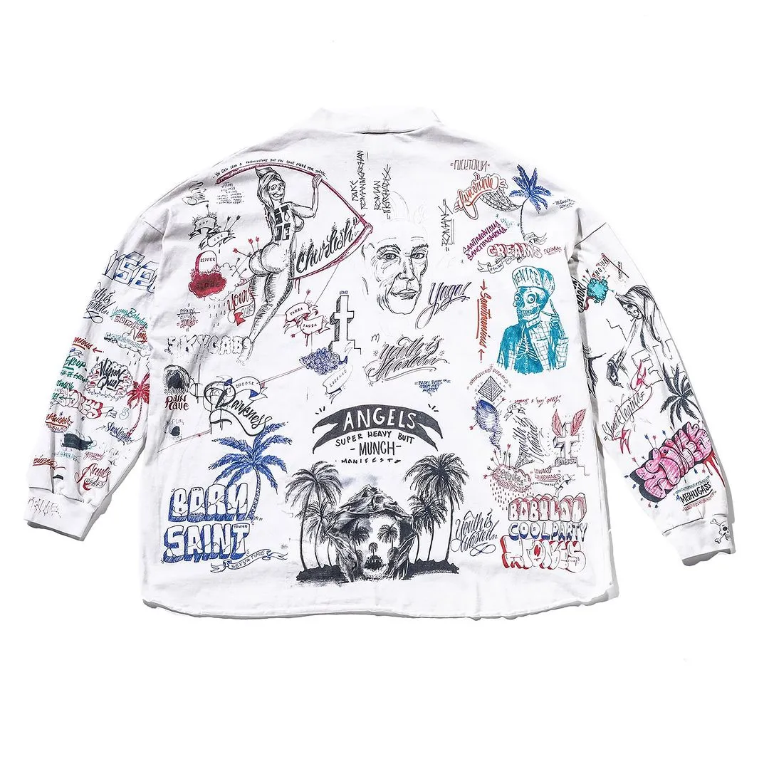 SAINT Mxxxxxx × BORNXRAISED BR_LS TEE/LA/WHT Latest co-branded model LA diamond all-over long sleeves off-white S-XL Super heavy work started in February and lasted three months Super complex 36 sets of screens Outlined pictures make you doubt your life Super perfect reproduction of printing Genuine Czech diamonds Pressure-free reproduction
